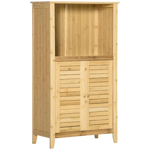 HOMCOM Badezimmerschrank Badschrank Standregal mit 2 Lamellentüren, offenem Regal, Bambus, Aufbewahrungsschrank Schrank für Badezimmer, Wohnzimmer 50 x 25,5 x 92cm Natur