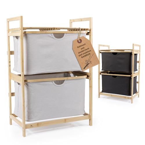 HENNEZ Badezimmerregal 2 Fächer | Bambusregal mit Ablage und 2 Körben | Badregal mit Schubladenboxen | Standregal – ideal als Kommode & Wäschesammler | Wäschesortierer mit Stoff Schubladen | Holzregal