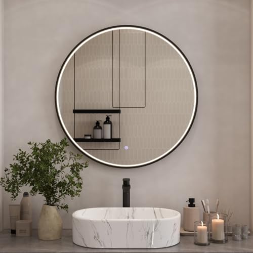 Planetmöbel VELUNA Badspiegel mit Beleuchtung rund 80x80 Badezimmerspiegel Spiegel mit licht dimmbar Touchschalter, 3 Lichtstufen, Spiegel mit Rahmen
