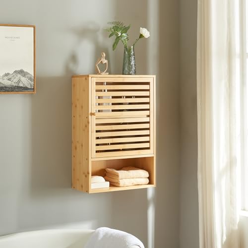 [en.casa] Badezimmerschrank hängend Gjesdal Badschrank schmal Hängeschrank mit Einer Tür Bambus Wandschrank für Bad 60 x 40 x 20 cm