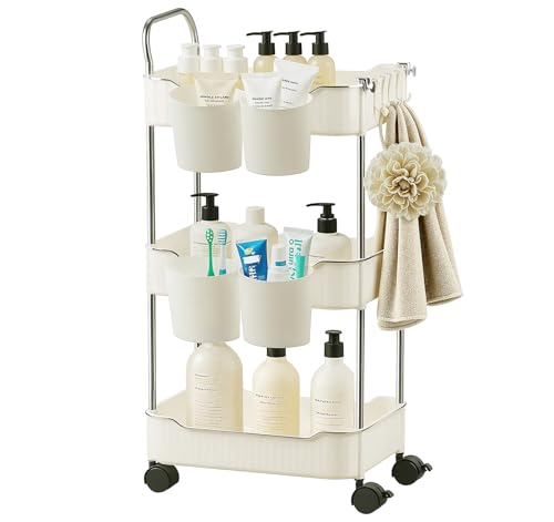 Truevaste Servierwagen Rollwagen mit 3 Etagen, Stabiler Küchenwagen mit Rollen aus Metall & PP, Trolley mit 4 Haken & 4 Hängenden Bechern, Ideal als Snack-Rollwagen Badrollwagen Kosmetikwagen, 4 Set