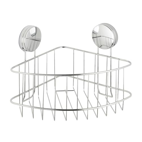 WENKO Static-Loc Plus Eckablage Osimo, Badezimmerregal, Befestigen ohne Bohren, sicherer Halt durch statische Haftung auf glatten, luftundurchlässigen Flächen, 26,5 x 13,5 x 19 cm, Stahl verchromt