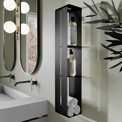 Badezimmer regal hängend schwarz metall Ohne Bohren - und mit Bohrung | Badregal wand schmal | Shampoo halterung für dusche | Modernes Badezimmermöbel | Duschablage 80x15 | Vertikale regal für dusche