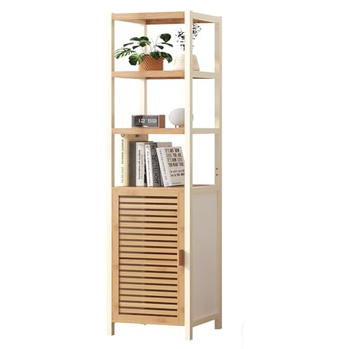 DELONGKE Badschrank schmal, Badregal aus Bambus, Bad hochschrank, Badmöbel,Badschrank Schmal Hoch mit 1 Tür mit 3 Ablagen Standregal für Bad, Küche, Flur 165x35x33cm Natur