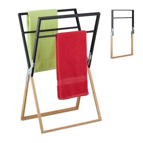 Relaxdays Handtuchhalter klappbar, Handtuchständer mit 4 Stangen, für Hand- & Badetücher, Bambus, Eisen, schwarz/Natur