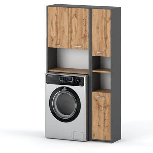 Waschmaschinenschrank Waschli Set 2 - Badschrank | Waschmaschinenüberbau | Badregal | Badezimmerschrank | Hochschrank - B:94cm H:165cm T:30cm - Holzoptik Grau Matt/Eiche, 4 Türen, 8 Ablagen