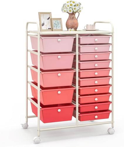 FANTASK Rollwagen mit 15 stapelbaren Schubladen, Schubladenwagen Rollcontainer mit Metallgestell, Badrollwagen Aufbewahrungswagen für Büro Wohnzimmer, 62,5 x 37 x 87 cm, Rosa