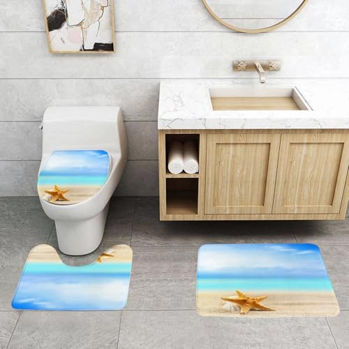EMCLKS Badezimmermatten 3 Stück rutschfeste Badematte Teppiche, Badezimmer-Garnitur,U-fö rmiger Teppich,Seesterne am Sommerstrand,Waschbar Matte