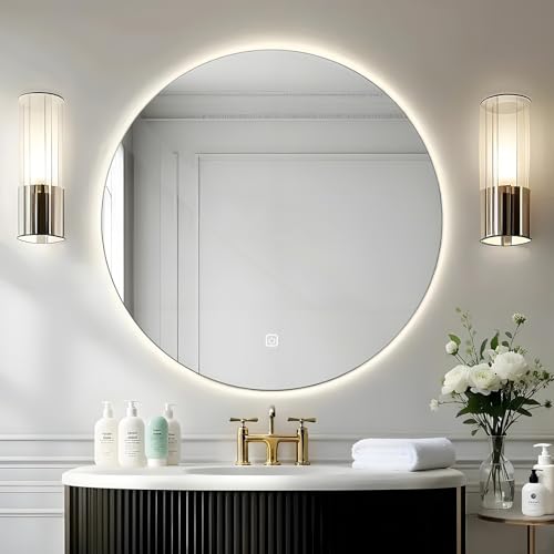 MYGIIVOVO Rund Badezimmer Wandspiegel, Badspiegel Mit Beleuchtung, 50cm Spiegel mit LED Licht, Touch Schalter und 3 Farben Dimmbar