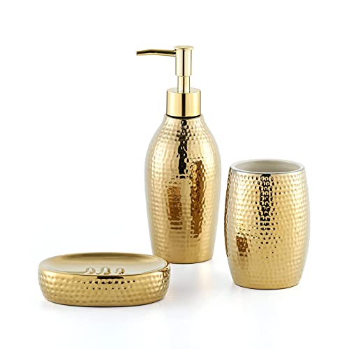 Creativefine Seifenspender Set Gold, 3-TLG Badzubehör Set aus Keramik, Seifenschale und Luxuriöses Zahnputzbecher Set für Badezimmer & Gäste-WC