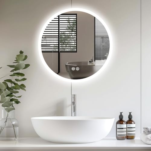 PetHot Spiegel Mit Beleuchtung, 60cm Rund Badspiegel Mit Touch-Schalter Beschlagfrei, 3 Lichtfarben Dimmbar, 3500K-6500K Badezimmerspiegel Mit Beleuchtung, Spiegel Bad