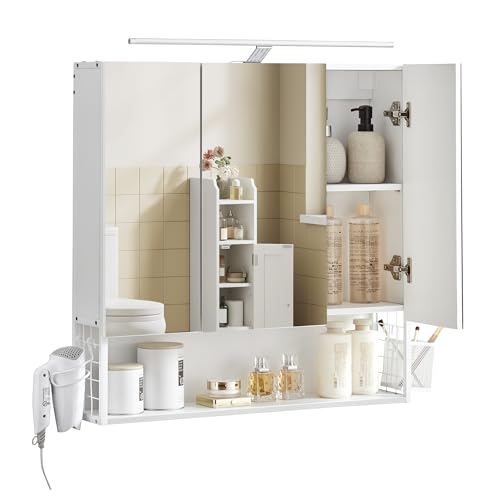 VASAGLE Spiegelschrank Bad mit Beleuchtung, 14,5 x 70 x 70 cm, Stecker, Hängekorb, Haartrockner-Halter, Spiegelschrank, Badschrank, Wandschrank, für Badezimmer, wolkenweiß BBK124W14