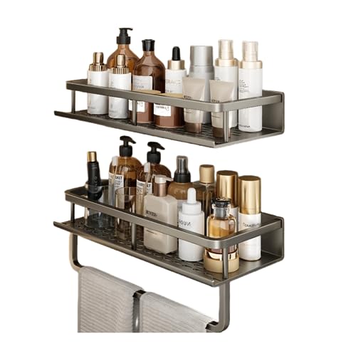 YWHWXB Edelstahl Dusch-Caddy Organizer, Duschregal ohne Bohren, Wandmontiertes Aufbewahrungsregal für Badezimmer, Schlafzimmer, Wohnzimmer, Küche (Grau-2er Pack mit Handtuchstange)