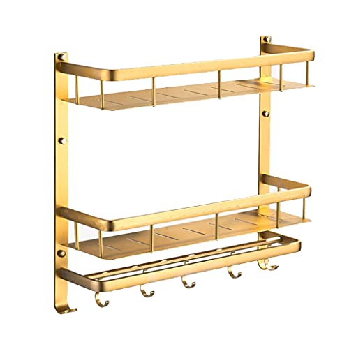 Badregal Duschregal Wandmontierter Badezimmerregale 2-tierisches Badezimmerregal, schwimmende Regale Handtuchhalter mit Handtuchstange, 5 Hakenständer, hängender Lagergestell, golden Badezimmerregale