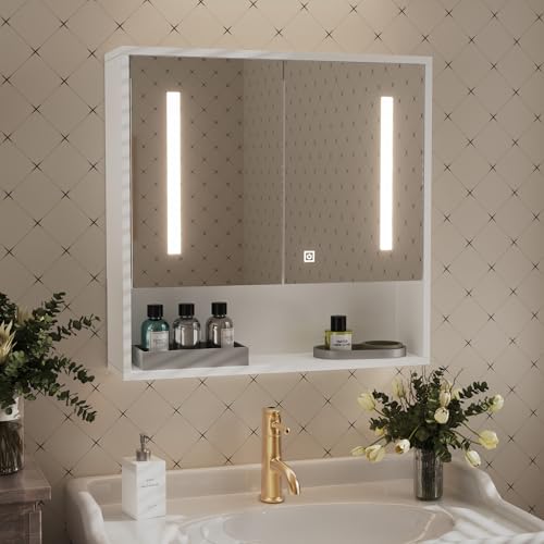 Msutree spiegelschrank Bad mit Beleuchtung, Badezimmerspiegel, 60 x 60 x 15 cm, Wandschrank mit Offenes Fach, Badschrank mit Verstellbare Ablagen, Medizinschrank, Spiegelschrank für Badezimmer weiß