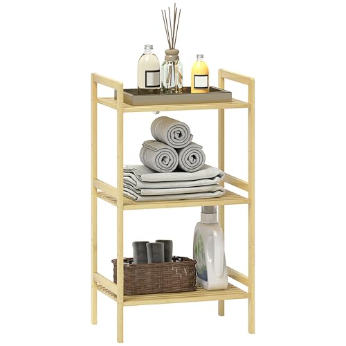 HOMCOM Badezimmerregal mit 3 Ebenen, Bambusregal, 3 Regalböden in 5 Positionen verstellbar, für Küche, Bad, Wohnzimmer, 43,5 x 31,5 x 80 cm, Naturholz