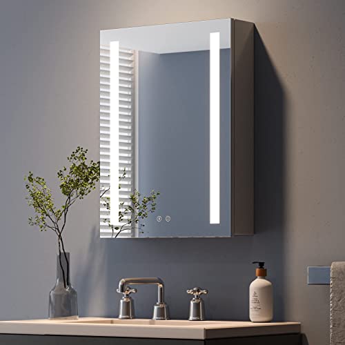 Dripex Spiegelschrank Bad mit Beleuchtung, Glasablage und Steckdose, Badezimmerschrank mit Spiegel, 3 Lichtfarbe Einstellbar, Dimmbar, Beschlagfrei 45 x 60 cm Grau