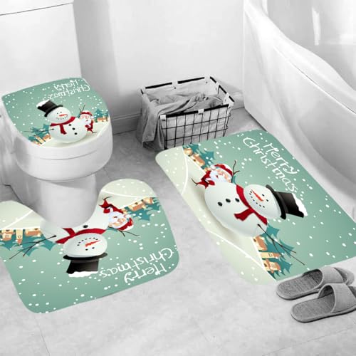 3-Teilige Badezimmer Garnitur Weihnachts Schneemann rutschfeste Badematte Mit U-Ausschnitt Toilettenvorleger Waschbar Saugstark 50×80Cm