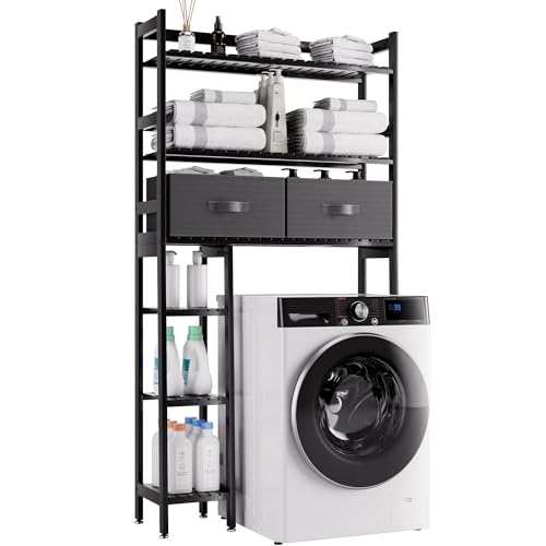 SMIBUY Über dem WC Aufbewahrung sregal, 6 stöckiger Bambus Großer Bad Organizer mit Seitenböden und 2 Schubladen, Stabiler freistehender Raumsparer Bad, Waschküche (schwarz)