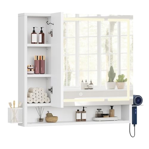 YITAHOME Spiegelschrank Bad mit Beleuchtung, LED Badezimmer Spiegelschrank mit 3 Türen, Steckdosen, Wandschrank, Badezimmerspiegel, hängender Badezimmerschrank, 80W x 15D x 75H cm, Weiß