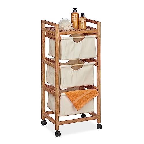 Relaxdays Badregal mit Wäschekorb, 1 offene Ablage & 3 Stoffkörbe, HBT: 96x43,5x33,5 cm, Standregal Walnuss, natur/beige
