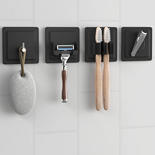 LOBUX® - 4in1 Badezimmer Halter Set selbstklebend [Soft-Touch Silikon], superfester Halt - Bad Organizer enthält: Rasierhalter, Zahnbürstenhalter, Haken, Neodym Magnet (schwarz)