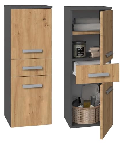 CDF Bad-Hochschrank NEL V DDS | Farbe: Anthrazit – Eiche Artisan | Modernes Badregal | Stauraumschrank | Geräumige Einlegeböden | Türen | Einfache Montage | Stilvolle Griffe