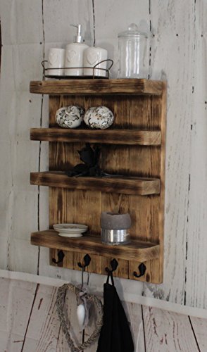 dekorie67 Holz Badregal mit Haken für Handtücher Shabby Vintage braun geflammt fertig montiert