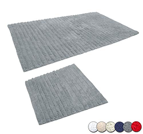 Casalanas | Modell Levante | rutschfestes Badteppich Set | Badvorleger | Badematte aus 100% Natur-Baumwolle | Badezimmergarnitur 2-teilig (60x60cm + 100x60cm) | Badezimmerteppich in Farbe Grau