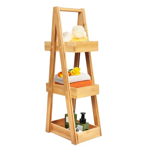Ribelli Badregal Stehend mit 3 Körben aus 100% Bambus, ca. 26T x 15B x 66H, Holz Regal für Badezimmer, Küche, Wohnzimmer, 510300