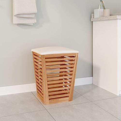 Badezimmerhocker aus Walnussholz, 2-in-1-Design, Weiches Kissen, Viel Stauraum, Tolle Belüftung, Wäschekorb aus Massivholz für Handtücher, Decken usw.