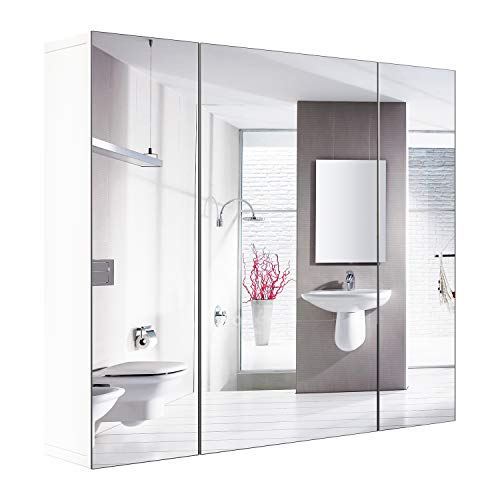 Homfa Spiegelschrank Wandspiegel Badezimmerspiegel Hängeschrank 3 Spiegeltüren Holz Weiß 70x15x60cm