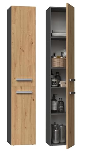 BDW Badezimmerschrank, 2 - Türen 174 x 31 x 30cm Unterschrank, Waschbeckenunterschrank, Hochschrank, Badmöbel, Bad-Hochschrank, Badregal, NEL II (Anthrazit/Artisan-Eiche)