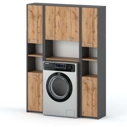 Waschmaschinenschrank Waschli Set 3 Badschrank | Waschmaschinenüberbau | Badregal | Badezimmerschrank | Hochschrank - B:124cm H:165cm T:30cm - Holzoptik Grau Matt/Eiche, 6 Türen, 14 Ablagen