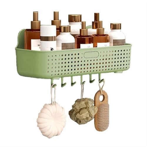 Duschablage zum Hängen Duschablage aus Kunststoff, wandmontierter Dusch-Organizer mit 6 Haken, Dusch-Aufbewahrungskorb ohne Bohren for Badezimmer, Küche, Waschküche, Balkon Duschregal(Green)