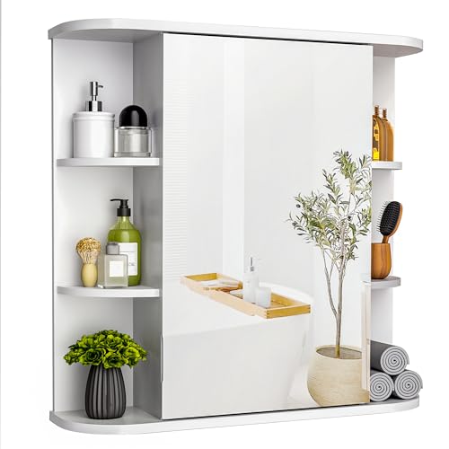 Pamapic Spiegelschränke fürs Bad, Badezimmerschrank mit Spiegel, Hängeschrank Badezimmer mit verstellbaren Ablagen, Schrank mit Badezimmerspiegel, Wandschrank,67,5 x 60 cm, Weiß