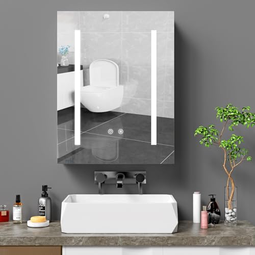 Supfine Spiegelschrank Bad mit LED Beleuchtung, MDF Weiß, 3-Farbige Beleuchtung mit Berührungssteuerung, Verstellbare Einlegeböden, Steckdose und Lichtschalter, Antibeschlag (45x60x15 cm)