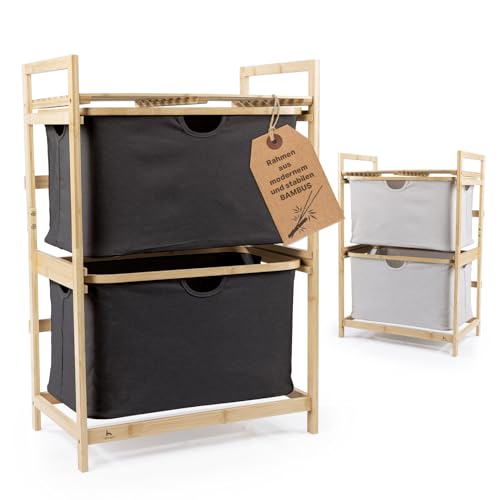 HENNEZ Badezimmerregal 2 Fächer | Bambusregal mit Ablage und 2 Körben | Badregal mit Schubladenboxen | Standregal – ideal als Kommode & Wäschesammler | Wäschesortierer mit Stoff Schubladen | Holzregal