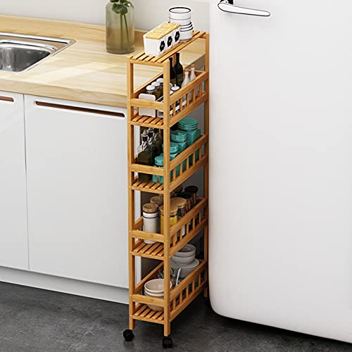 Nischenregal Küchenwagen Badrollwagen 5 Stufen Schmaler Rollwagen mit Rad, Bambus Küche Ausziehbares Organizer-Rack für Enge Orte, 20cm Breite Rollwagen für Waschküchen
