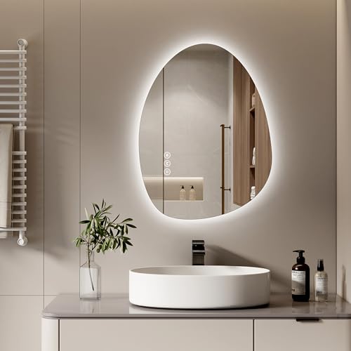 S'AFIELINA Spiegel mit Beleuchtung Asymmetrischer LED Badspiegel 75 x 55 cm mit Touch-Schalter, Dimmbar 3 Lichtfarbe Einstellbare, Beschlagfrei Badezimmerspiegel mit Beleuchtung