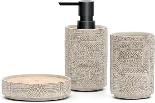 Retro Badezimmer-Zubehör-Set mit Reliefmuster, Badaccessoires-Set 3-teilig inkl, Seifenspender, Seifenschale u. Zahnbürstenhalter