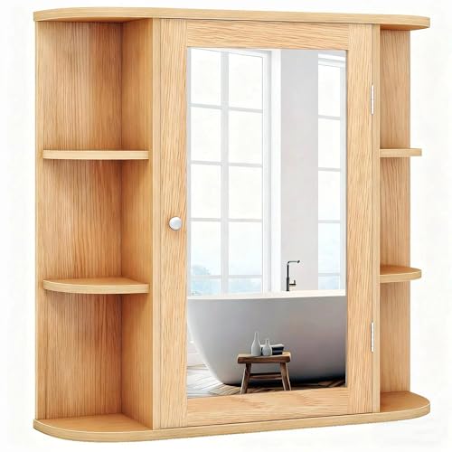 Giantex Spiegelschrank Badezimmer, Hängeschrank mit Spiegel, Badezimmerspiegel 10 Ablagen, Wandschrank mit Tür, Schminkschrank Holz, Badschrank Badezimmerschrank 65 x 17 x 63 cm (Natur)