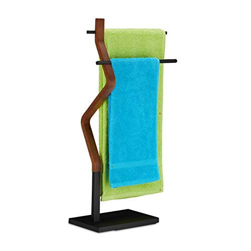 Relaxdays Handtuchhalter stehend, Handtuchständer, 2 Stangen, für Hand- & Geschirrtücher, Holz & Metall, schwarz/braun, 1 Stück