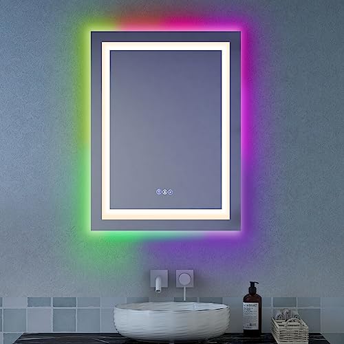 COSTWAY LED-Spiegel 80x60cm mit Anti-Beschlage Spiegelheizung, Badspiegel bunt Badezimmerspiegel dimmbar Wandspiegel