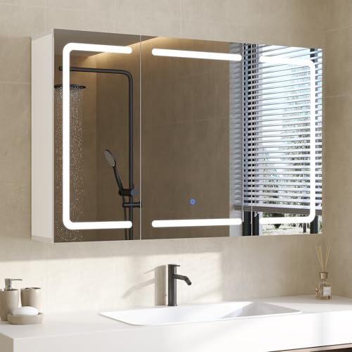 DICTAC Beleuchtung Steckdose Badezimmerschrank Spiegel Verstellbarem Regal,Badschrank 3 Türen,Wandschrank,Hänge schrank,Badspiegel,90 x 60 x 16cm Weiß