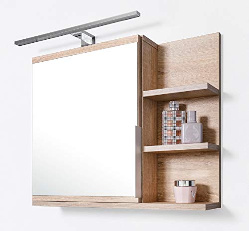 DOMTECH Home Decor Badezimmer Ablagen und LED Beleuchtung, Badezimmerspiegel, Eiche Sonoma, R