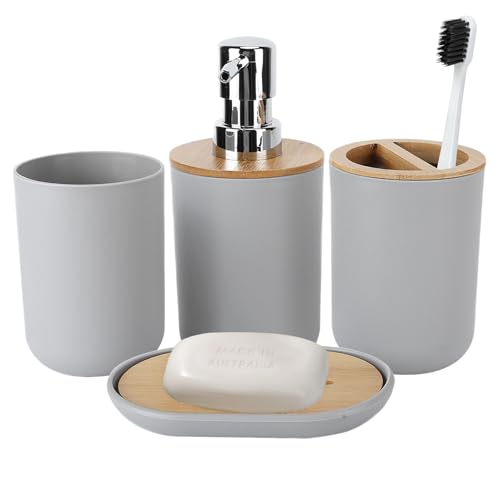 Badezimmer Zubehör Set 4 Teilige Badezimmer Set mit Zahnbürstenhalter, Zahnputzbecher, Seifenspender, Seifenschale, Zahnputzbecher Set für Zuhause, Hotel, Badezimmer, Arbeitsplatte Grau