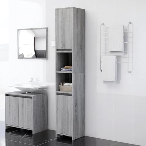 TREISL Badezimmerschrank Eiche Grau 30 x 30 x 183,5 cm Ingenieuriertes Holz Wäscheregal hat 6 Fächer Robustes und stabiles Badezimmermöbel Küchenregal Badregal multifunktionale Möbel