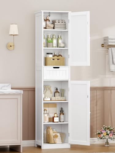 TEENFON Badezimmerschrank Schmal mit voller 40 cm Breite?Badschrank mit 2 Türen und 1 Schublade, Hochschrank mit Verstellbaren Regalen für Badezimmer, Wohnzimmer, Flur, Küche, 40x30x170 cm, Weiß
