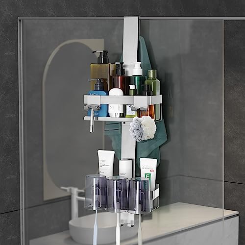 Emibele Duschablage ohne Bohren, Edelstahl Badezimmer Organizer mit 2 Körben & 8 Haken, Duschregal ohne Bohren für Rahmenlos Glastür, Stabiles Badregal mit Belastbarkeit von bis zu 10 kg, Silber